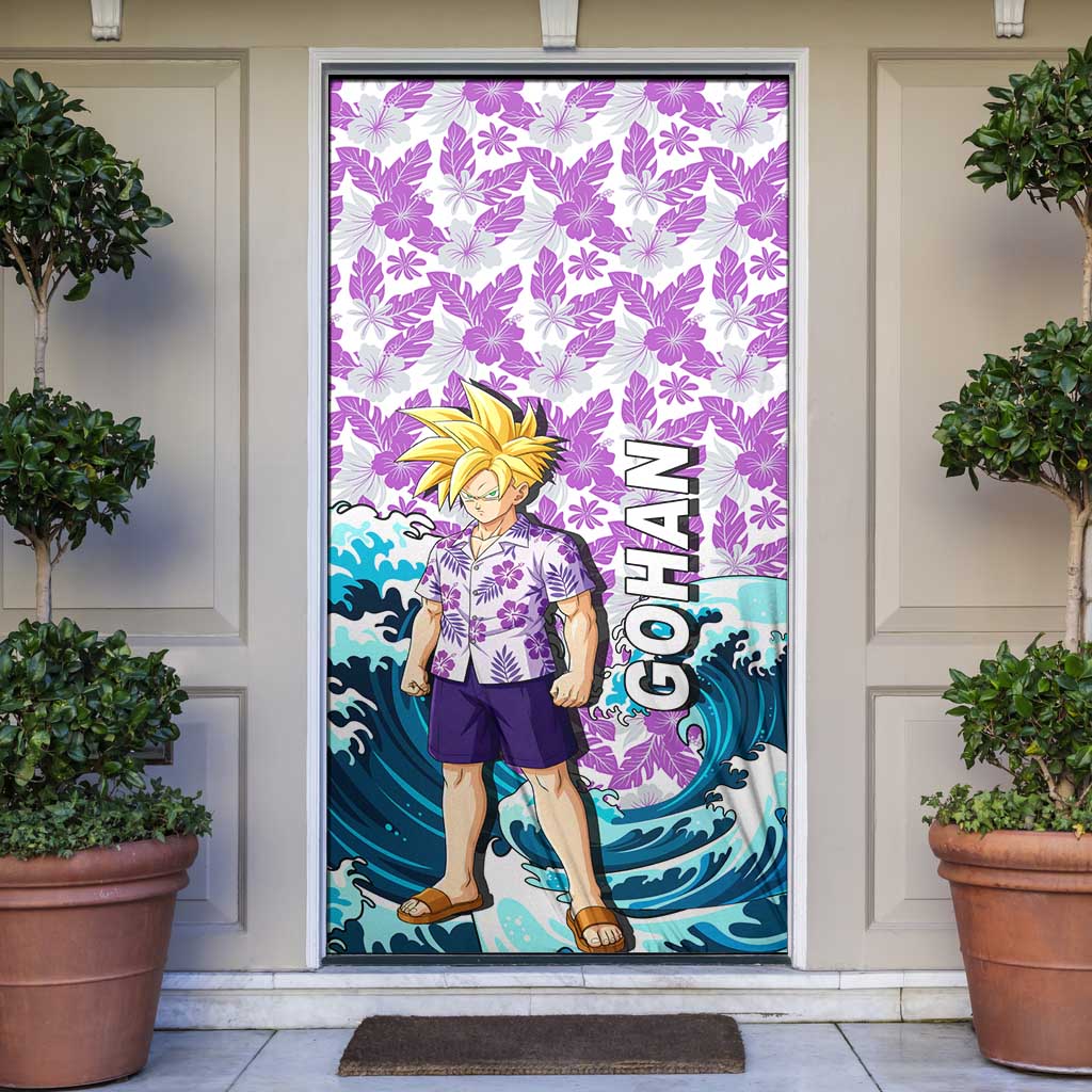 Gohan Dragon Ball Summer Theme Door Cover with Tropical Floral Shirt Shenron and Ocean Wave Background - The Mazicc