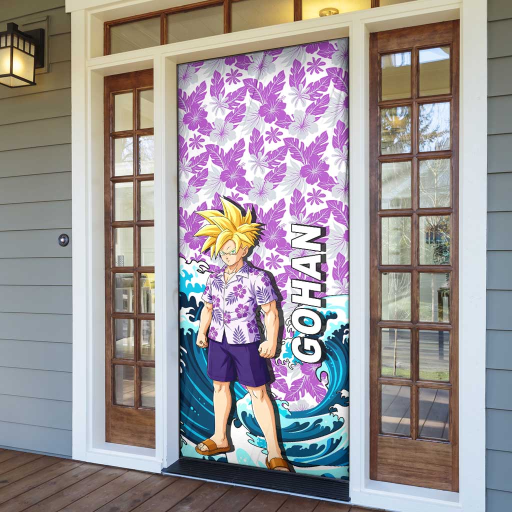 Gohan Dragon Ball Summer Theme Door Cover with Tropical Floral Shirt Shenron and Ocean Wave Background - The Mazicc