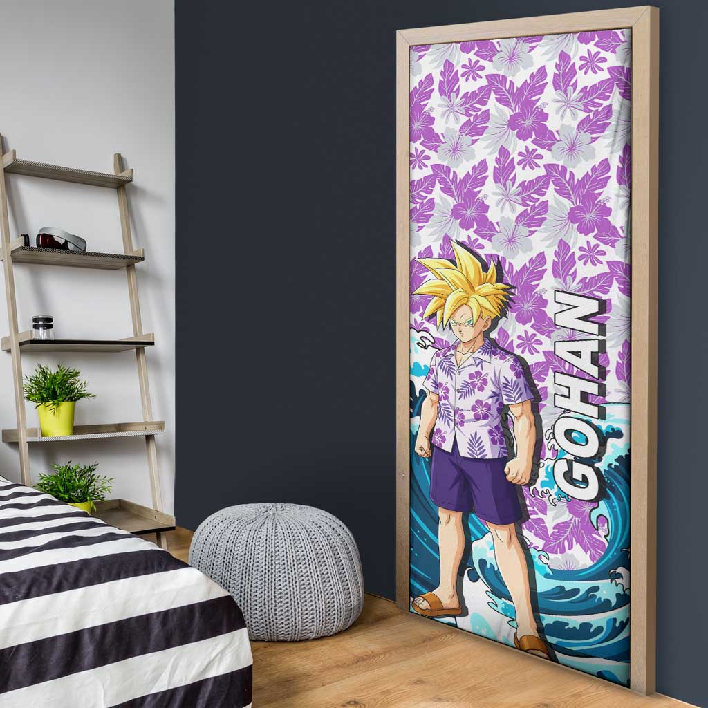Gohan Dragon Ball Summer Theme Door Cover with Tropical Floral Shirt Shenron and Ocean Wave Background - The Mazicc