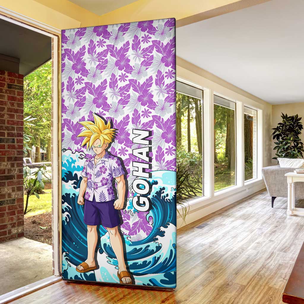 Gohan Dragon Ball Summer Theme Door Cover with Tropical Floral Shirt Shenron and Ocean Wave Background - The Mazicc