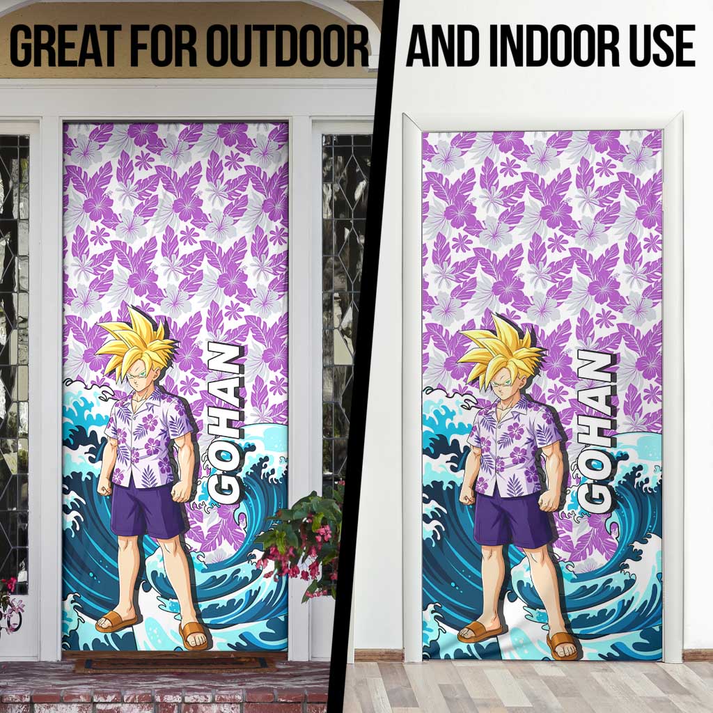 Gohan Dragon Ball Summer Theme Door Cover with Tropical Floral Shirt Shenron and Ocean Wave Background - The Mazicc
