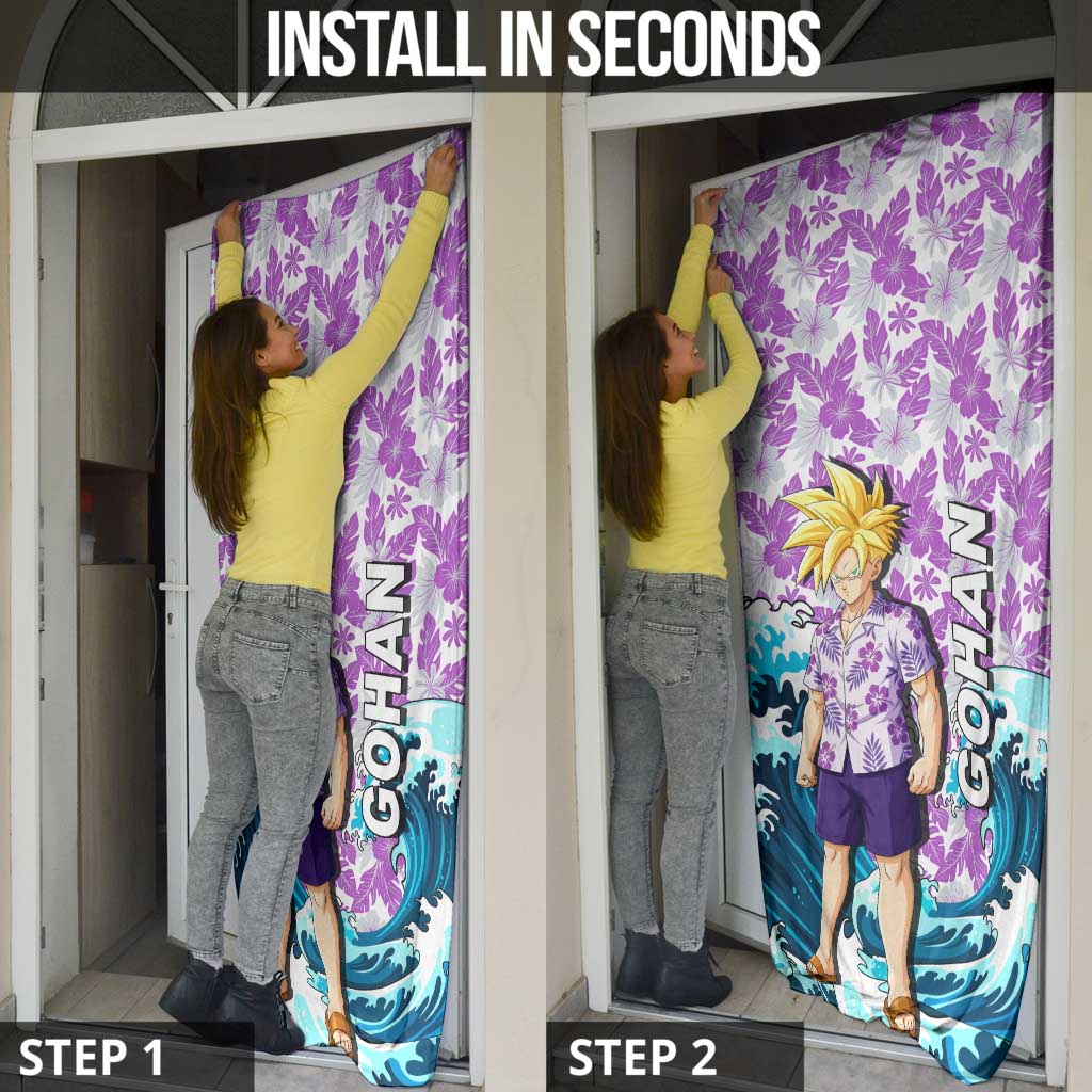 Gohan Dragon Ball Summer Theme Door Cover with Tropical Floral Shirt Shenron and Ocean Wave Background - The Mazicc