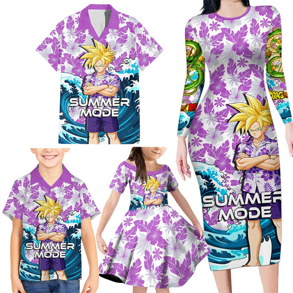 Gohan Dragon Ball Summer Theme Family Matching Long Sleeve Bodycon Dress and Hawaiian Shirt with Tropical Floral Shirt Shenron and Ocean Wave Background