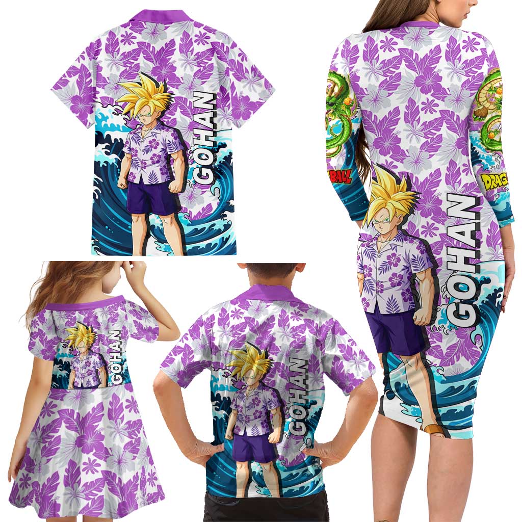 Gohan Dragon Ball Summer Theme Family Matching Long Sleeve Bodycon Dress and Hawaiian Shirt with Tropical Floral Shirt Shenron and Ocean Wave Background