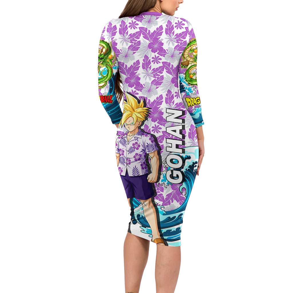 Gohan Dragon Ball Summer Theme Family Matching Long Sleeve Bodycon Dress and Hawaiian Shirt with Tropical Floral Shirt Shenron and Ocean Wave Background