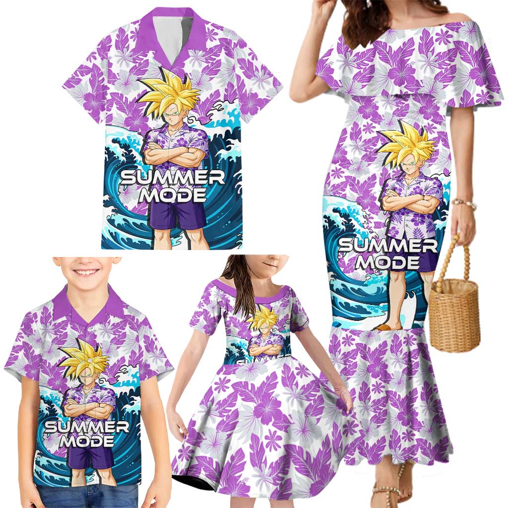 Gohan Dragon Ball Summer Theme Family Matching Mermaid Dress and Hawaiian Shirt with Tropical Floral Shirt Shenron and Ocean Wave Background