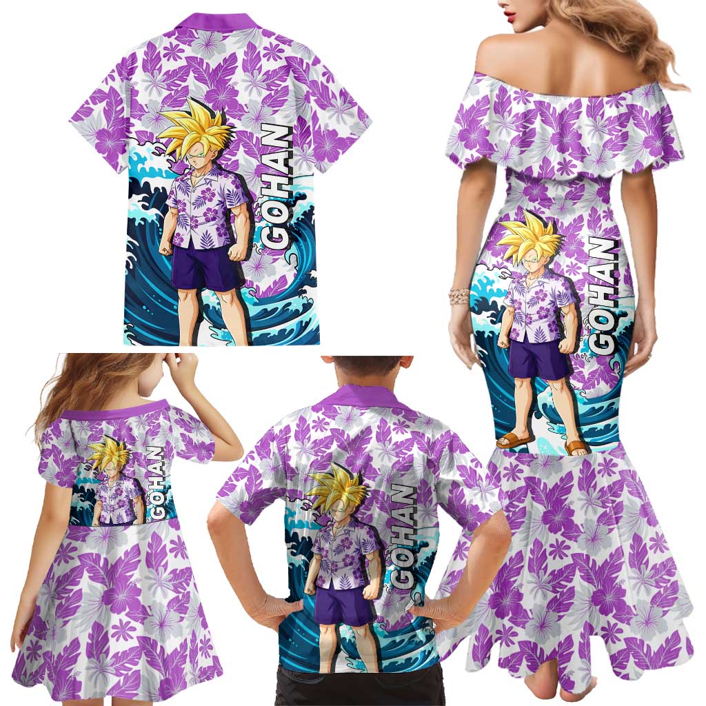 Gohan Dragon Ball Summer Theme Family Matching Mermaid Dress and Hawaiian Shirt with Tropical Floral Shirt Shenron and Ocean Wave Background