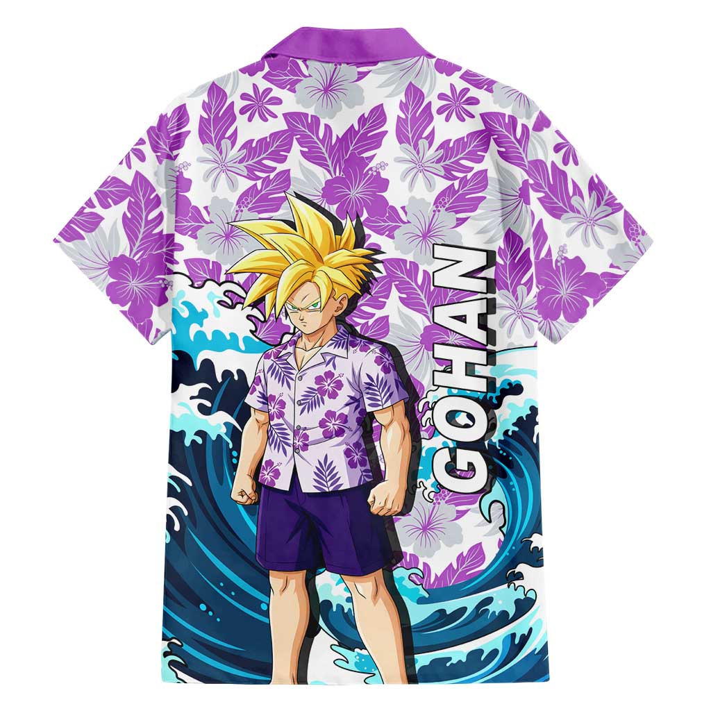 Gohan Dragon Ball Summer Theme Family Matching Mermaid Dress and Hawaiian Shirt with Tropical Floral Shirt Shenron and Ocean Wave Background