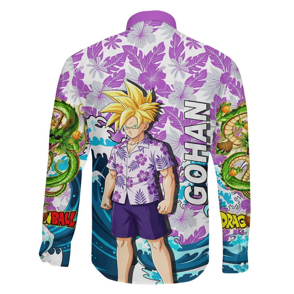 Gohan Dragon Ball Summer Theme Family Matching Mermaid Dress and Hawaiian Shirt with Tropical Floral Shirt Shenron and Ocean Wave Background