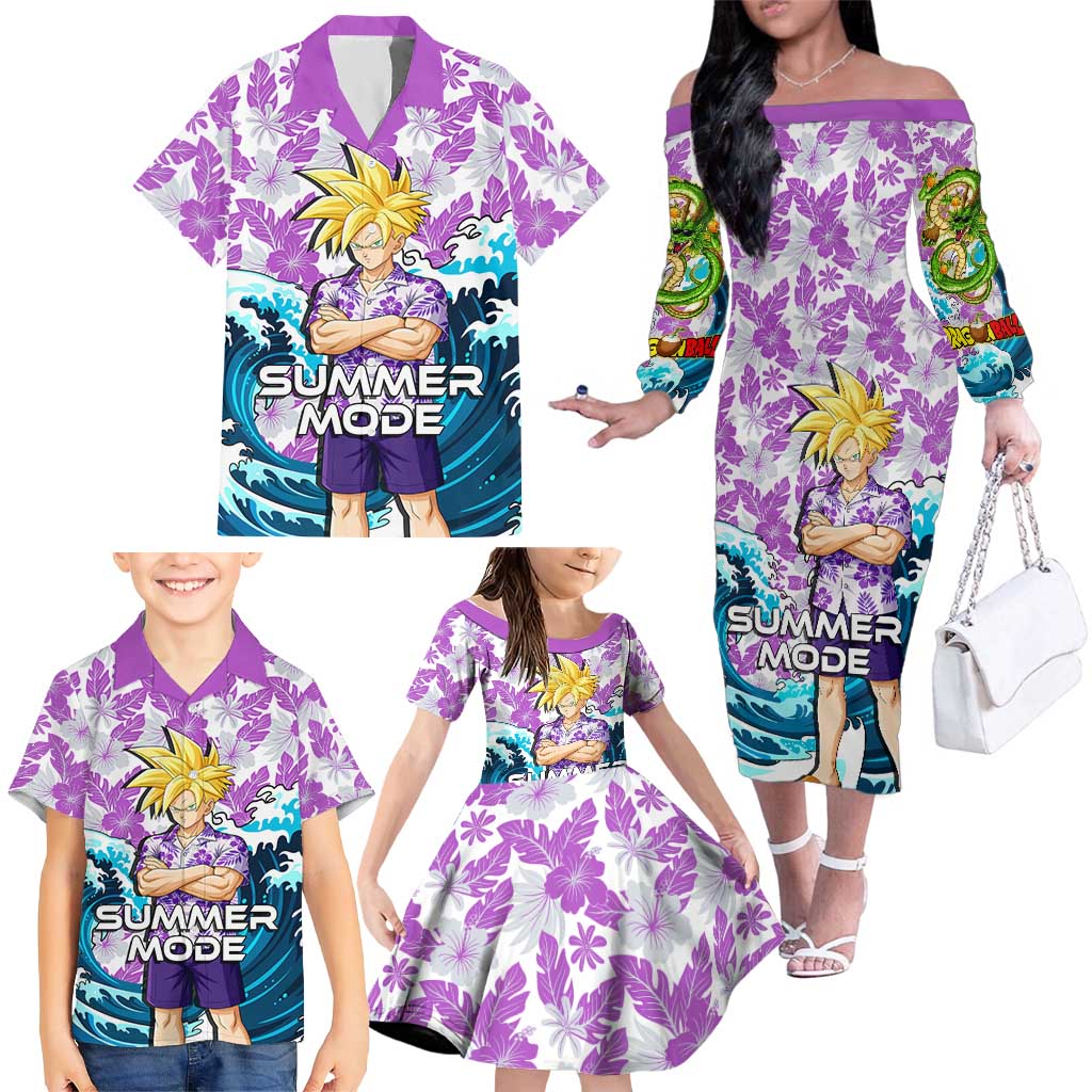 Gohan Dragon Ball Summer Theme Family Matching Off The Shoulder Long Sleeve Dress and Hawaiian Shirt with Tropical Floral Shirt Shenron and Ocean Wave Background