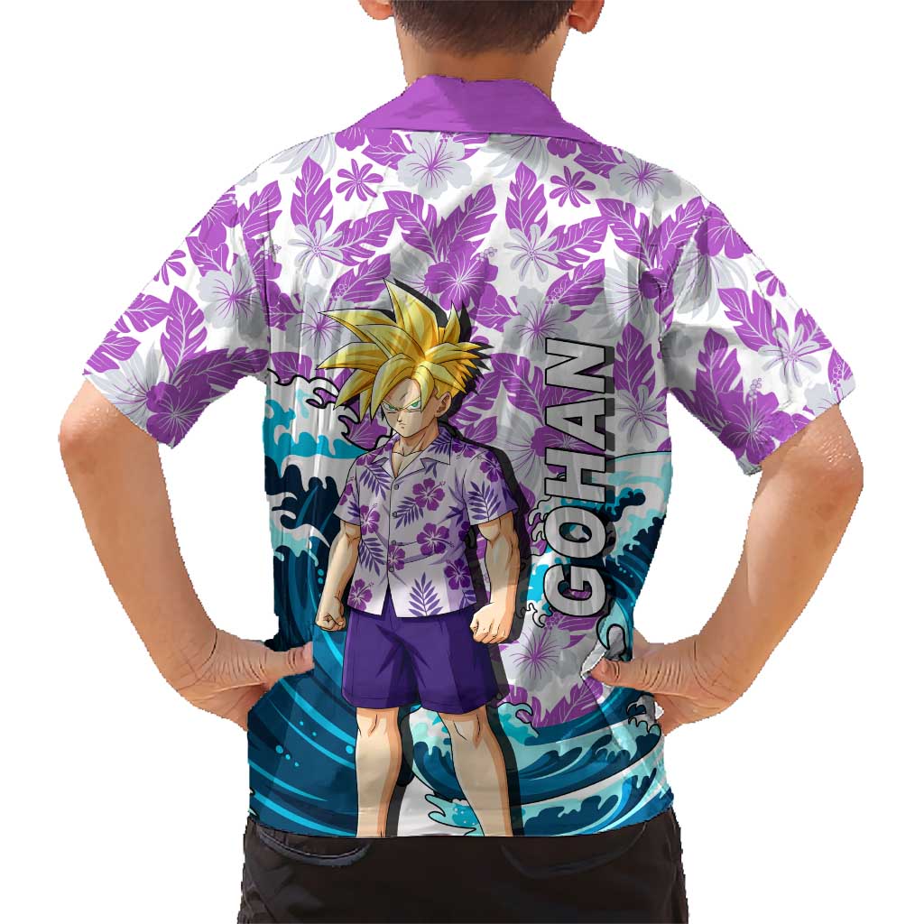 Gohan Dragon Ball Summer Theme Family Matching Off The Shoulder Long Sleeve Dress and Hawaiian Shirt with Tropical Floral Shirt Shenron and Ocean Wave Background