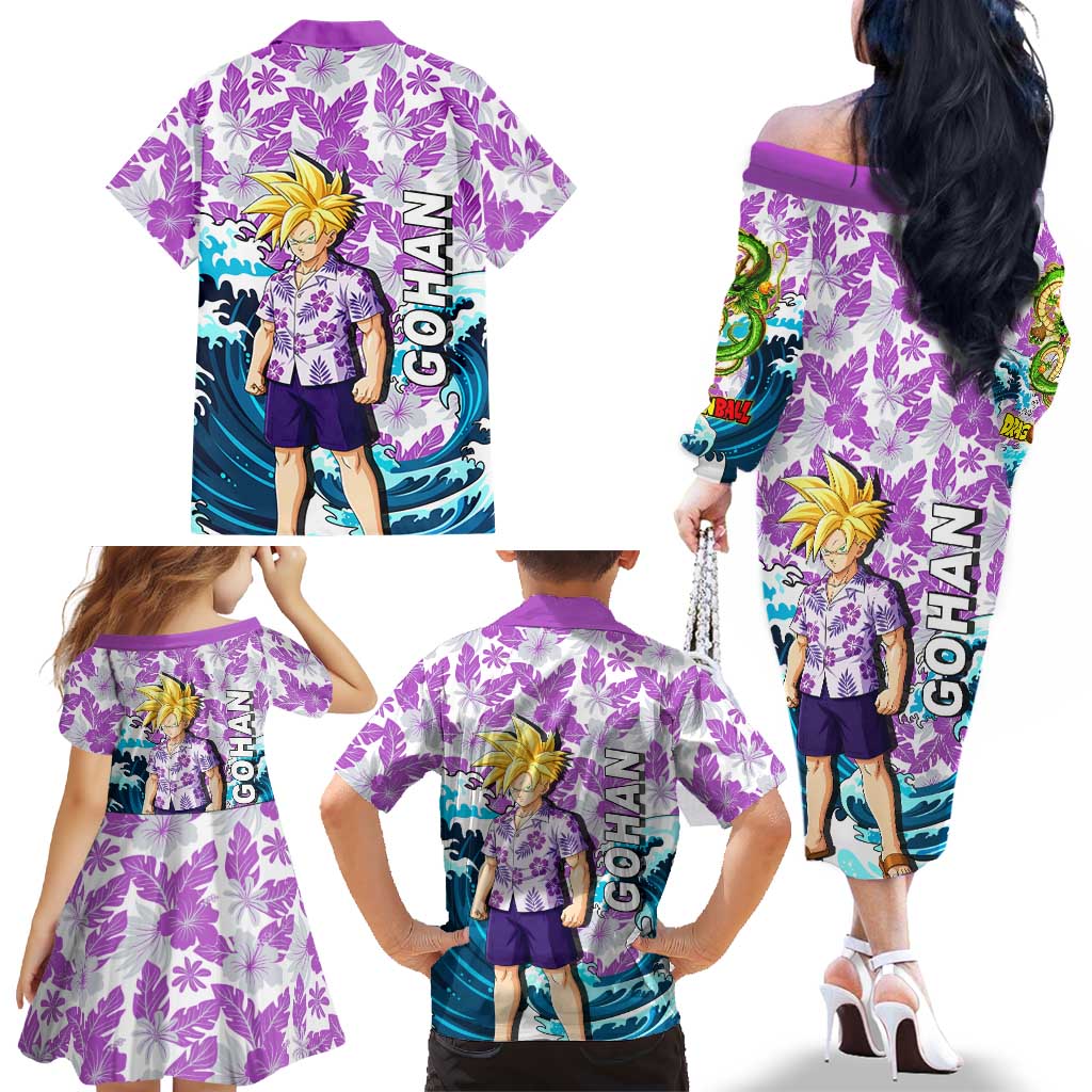 Gohan Dragon Ball Summer Theme Family Matching Off The Shoulder Long Sleeve Dress and Hawaiian Shirt with Tropical Floral Shirt Shenron and Ocean Wave Background