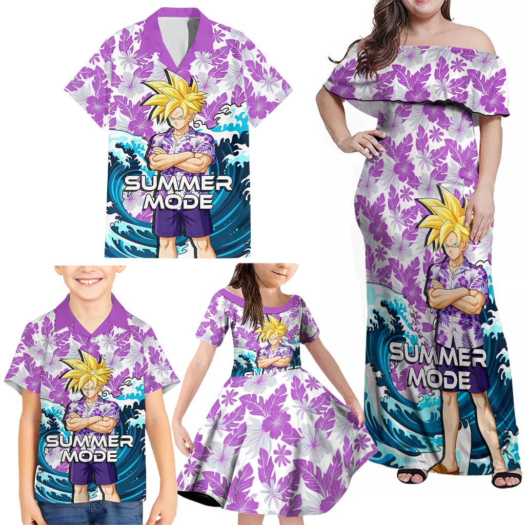 Gohan Dragon Ball Summer Theme Family Matching Off Shoulder Maxi Dress and Hawaiian Shirt with Tropical Floral Shirt Shenron and Ocean Wave Background