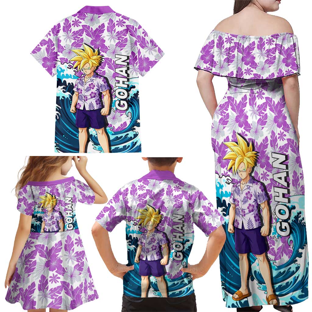 Gohan Dragon Ball Summer Theme Family Matching Off Shoulder Maxi Dress and Hawaiian Shirt with Tropical Floral Shirt Shenron and Ocean Wave Background