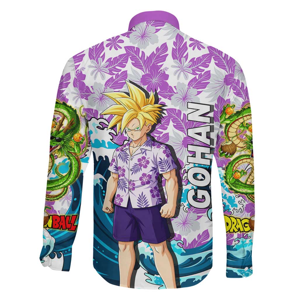 Gohan Dragon Ball Summer Theme Family Matching Off Shoulder Maxi Dress and Hawaiian Shirt with Tropical Floral Shirt Shenron and Ocean Wave Background