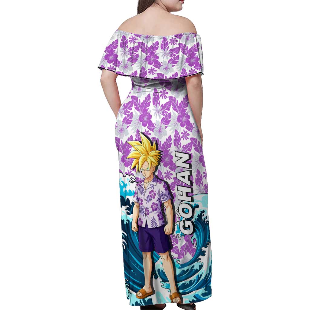 Gohan Dragon Ball Summer Theme Family Matching Off Shoulder Maxi Dress and Hawaiian Shirt with Tropical Floral Shirt Shenron and Ocean Wave Background