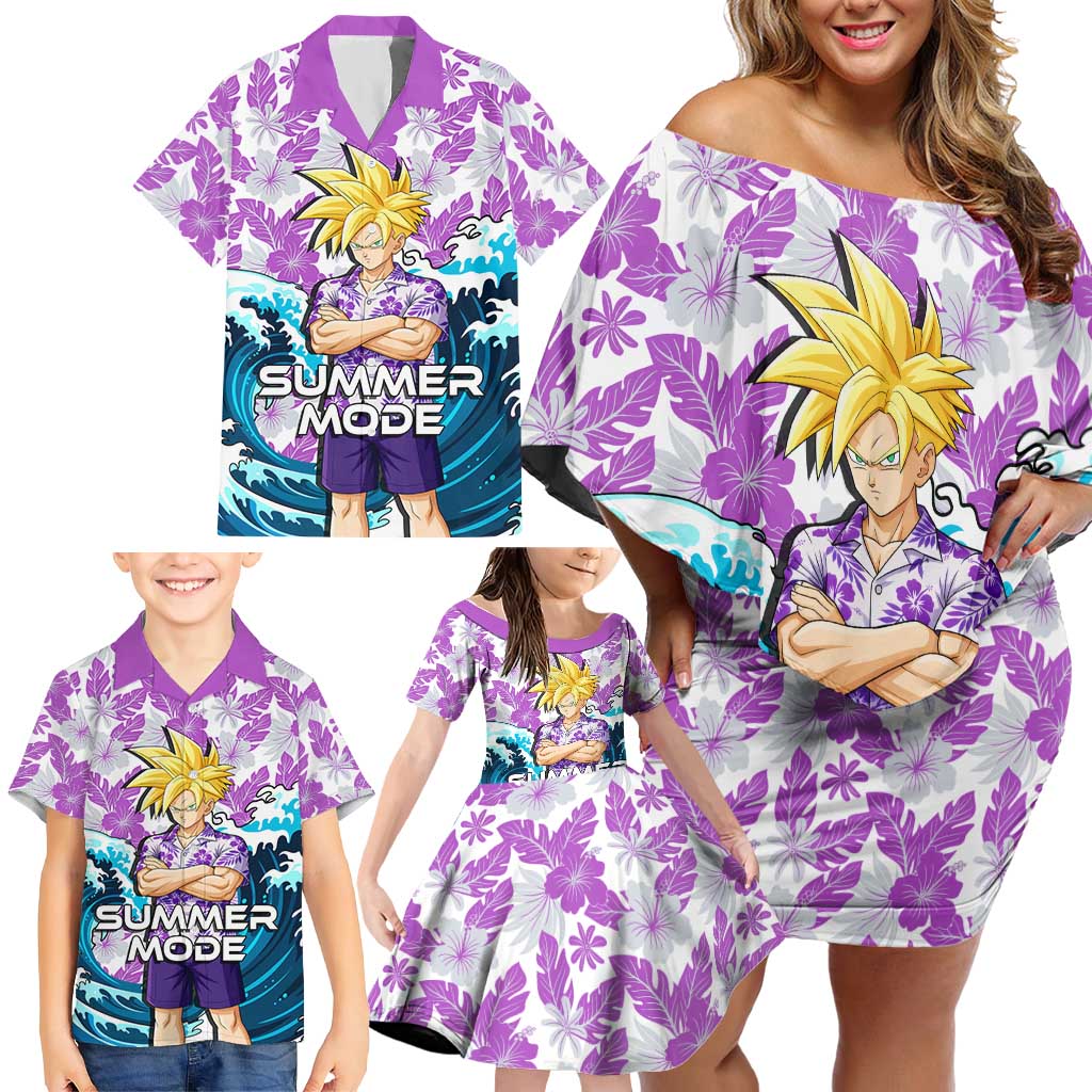 Gohan Dragon Ball Summer Theme Family Matching Off Shoulder Short Dress and Hawaiian Shirt with Tropical Floral Shirt Shenron and Ocean Wave Background