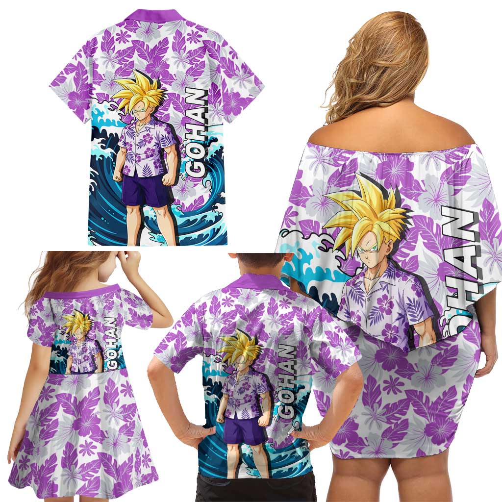 Gohan Dragon Ball Summer Theme Family Matching Off Shoulder Short Dress and Hawaiian Shirt with Tropical Floral Shirt Shenron and Ocean Wave Background