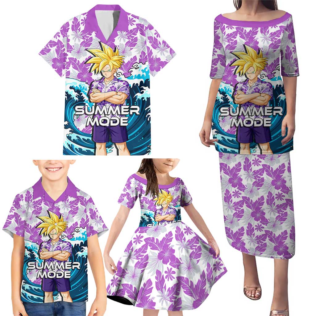 Gohan Dragon Ball Summer Theme Family Matching Puletasi and Hawaiian Shirt with Tropical Floral Shirt Shenron and Ocean Wave Background