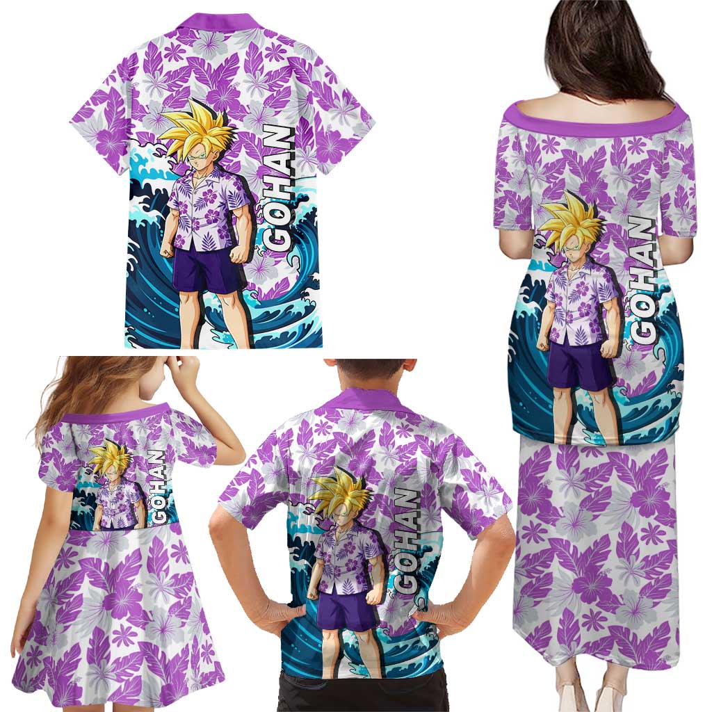 Gohan Dragon Ball Summer Theme Family Matching Puletasi and Hawaiian Shirt with Tropical Floral Shirt Shenron and Ocean Wave Background