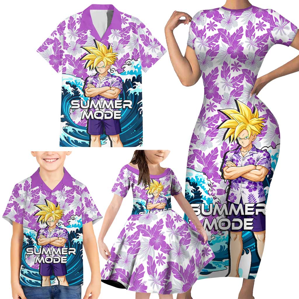 Gohan Dragon Ball Summer Theme Family Matching Short Sleeve Bodycon Dress and Hawaiian Shirt with Tropical Floral Shirt Shenron and Ocean Wave Background