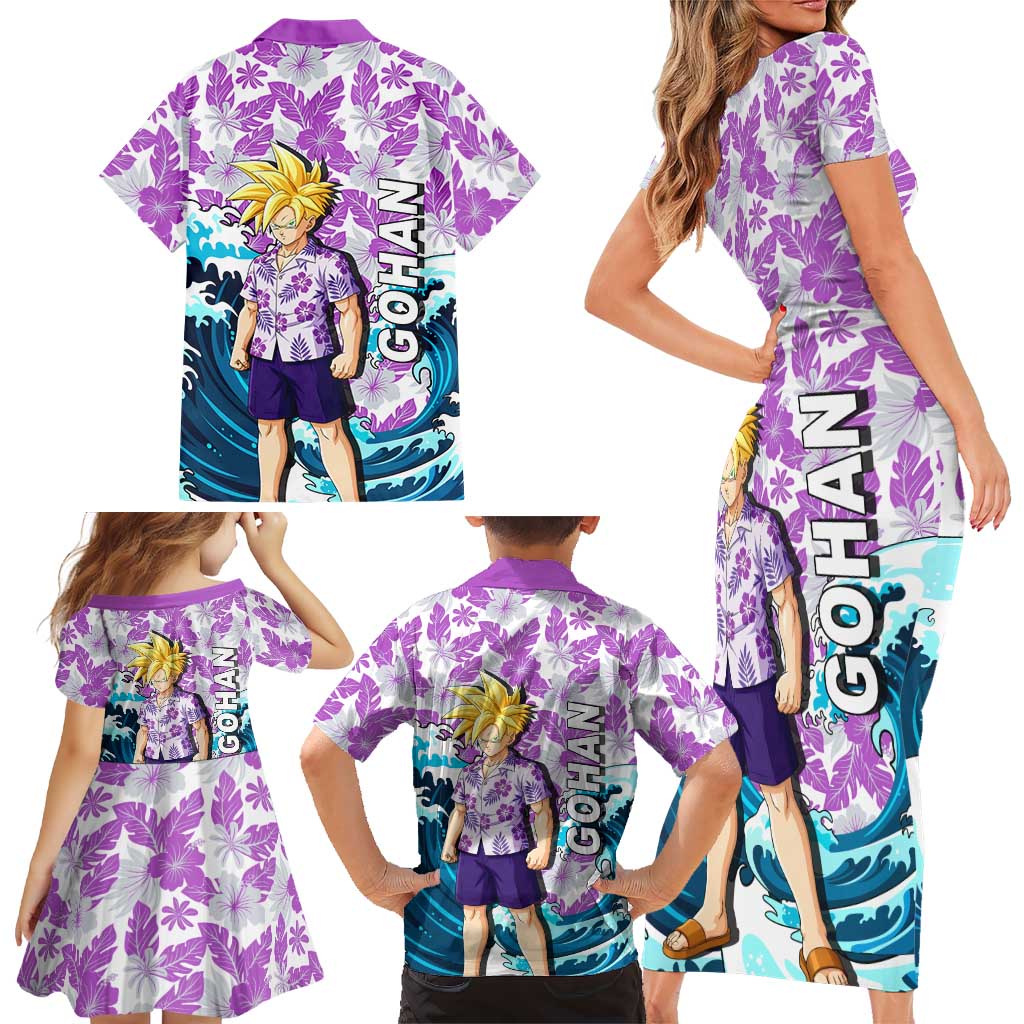 Gohan Dragon Ball Summer Theme Family Matching Short Sleeve Bodycon Dress and Hawaiian Shirt with Tropical Floral Shirt Shenron and Ocean Wave Background