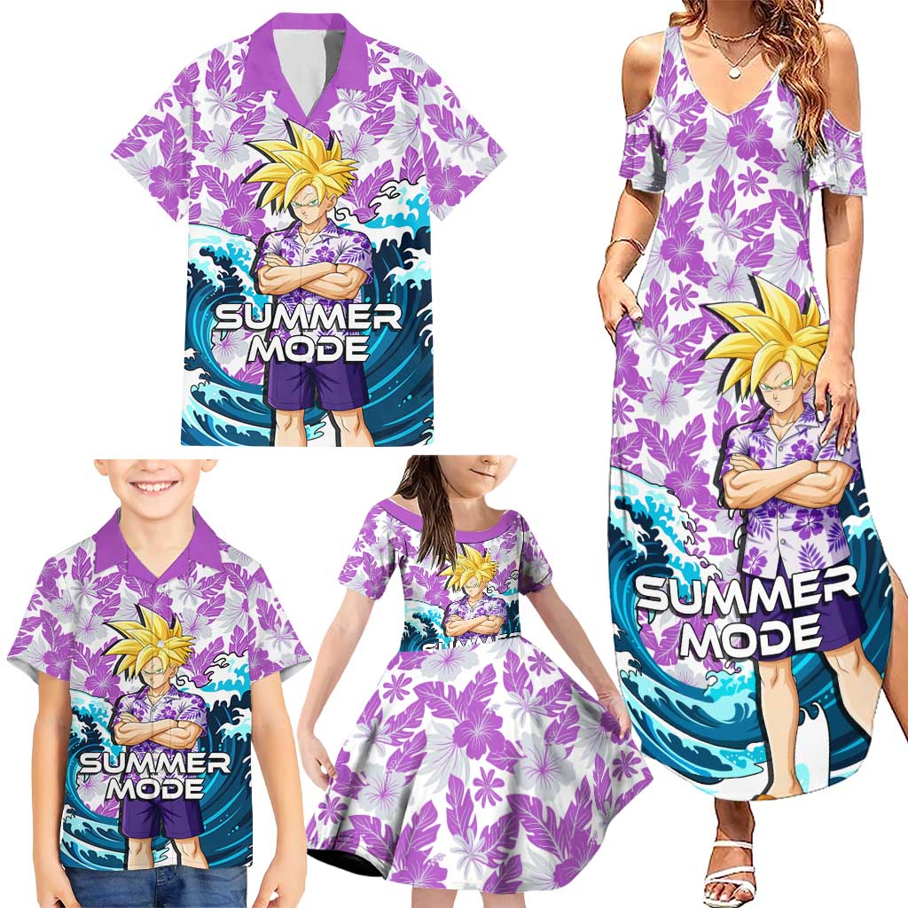 Gohan Dragon Ball Summer Theme Family Matching Summer Maxi Dress and Hawaiian Shirt with Tropical Floral Shirt Shenron and Ocean Wave Background