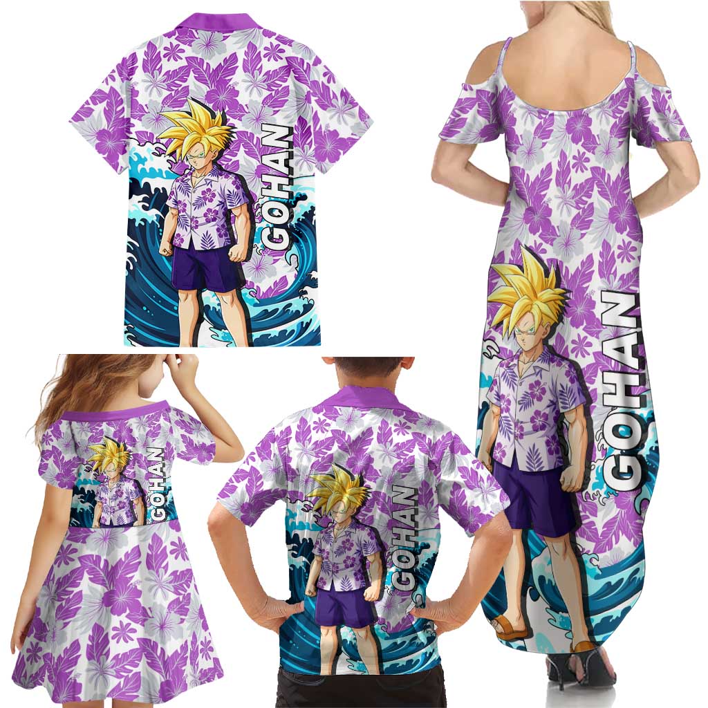 Gohan Dragon Ball Summer Theme Family Matching Summer Maxi Dress and Hawaiian Shirt with Tropical Floral Shirt Shenron and Ocean Wave Background