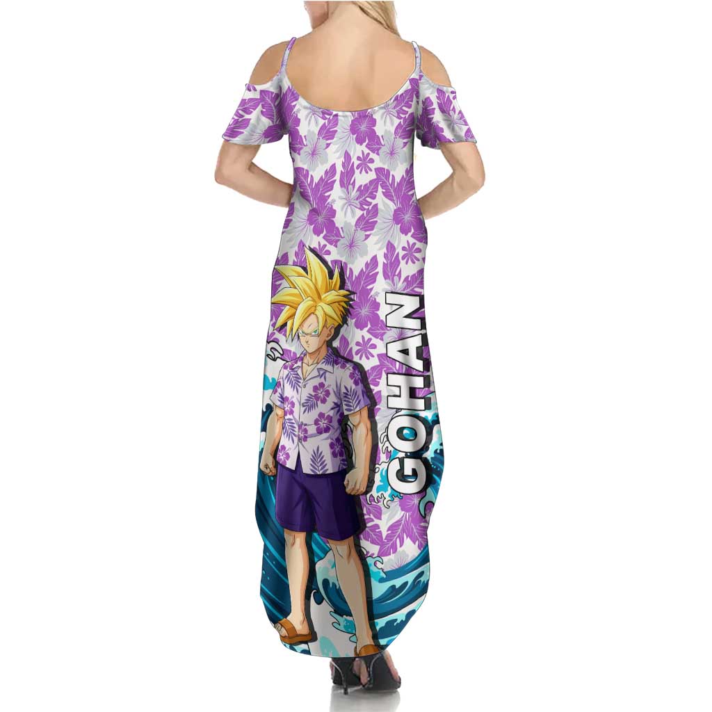 Gohan Dragon Ball Summer Theme Family Matching Summer Maxi Dress and Hawaiian Shirt with Tropical Floral Shirt Shenron and Ocean Wave Background