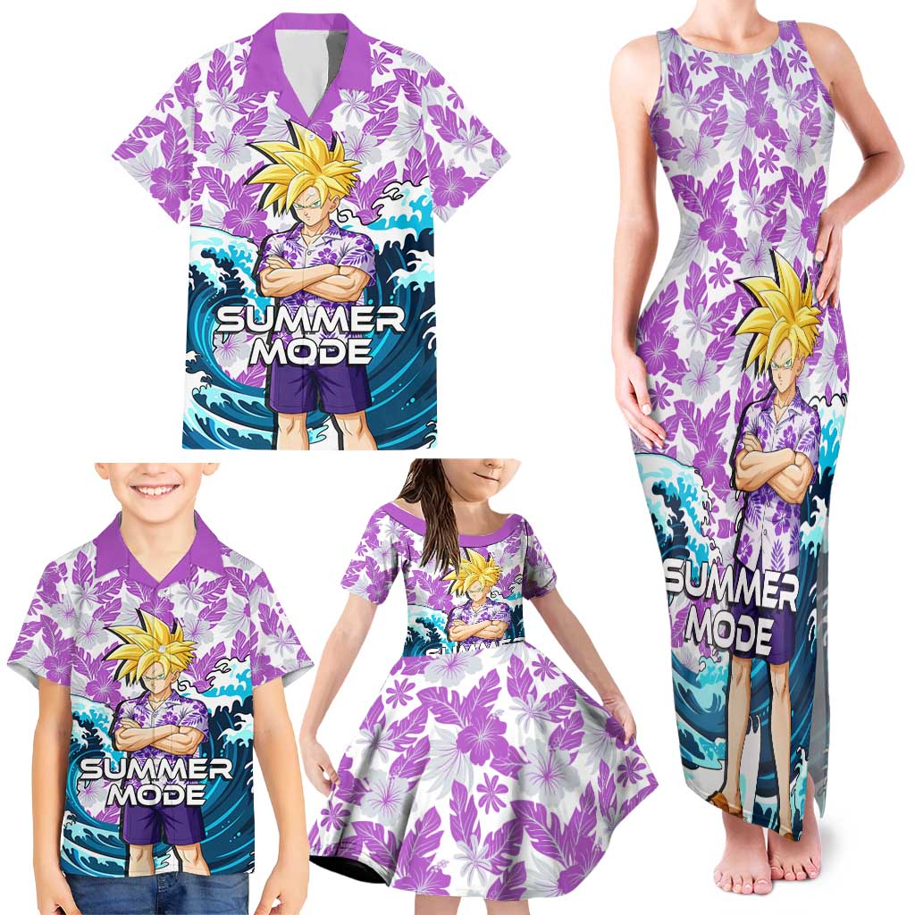 Gohan Dragon Ball Summer Theme Family Matching Tank Maxi Dress and Hawaiian Shirt with Tropical Floral Shirt Shenron and Ocean Wave Background