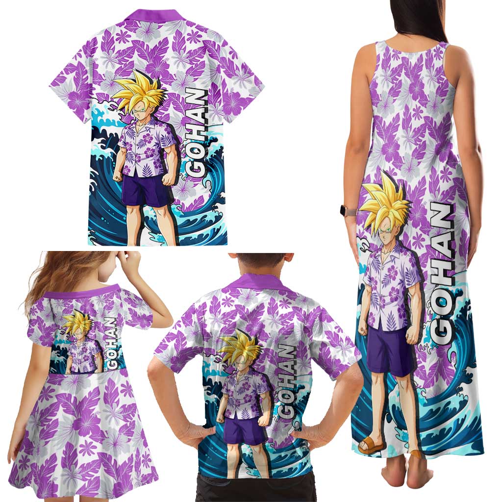 Gohan Dragon Ball Summer Theme Family Matching Tank Maxi Dress and Hawaiian Shirt with Tropical Floral Shirt Shenron and Ocean Wave Background