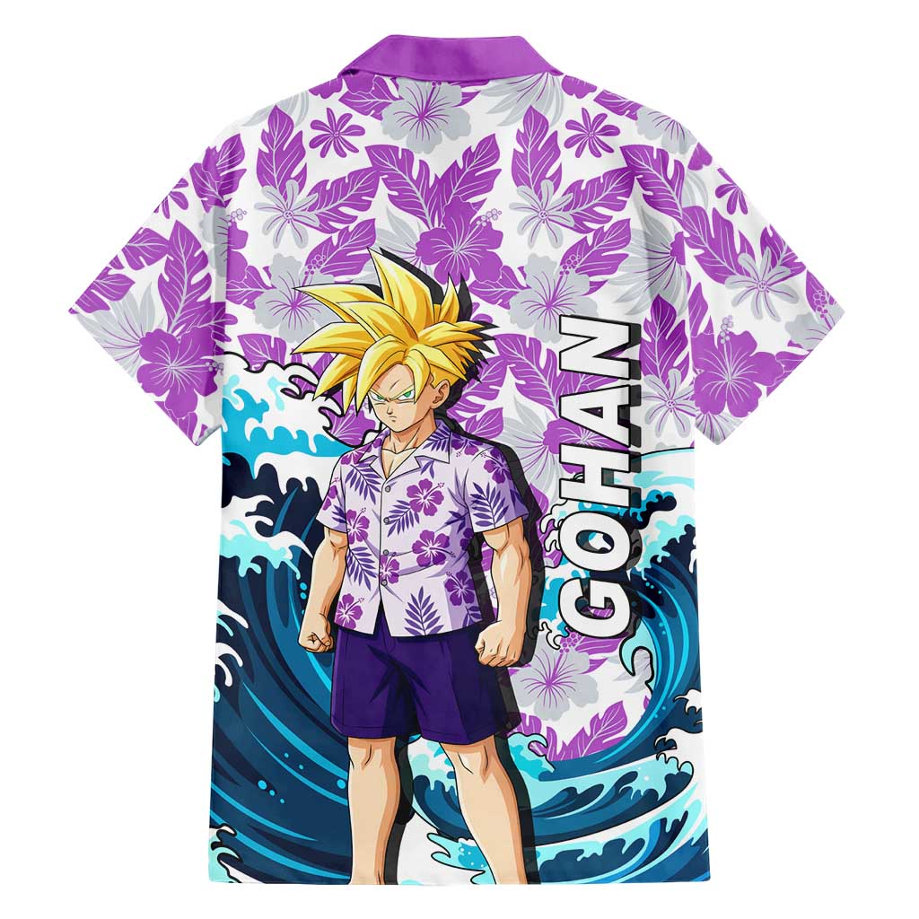 Gohan Dragon Ball Summer Theme Family Matching Tank Maxi Dress and Hawaiian Shirt with Tropical Floral Shirt Shenron and Ocean Wave Background