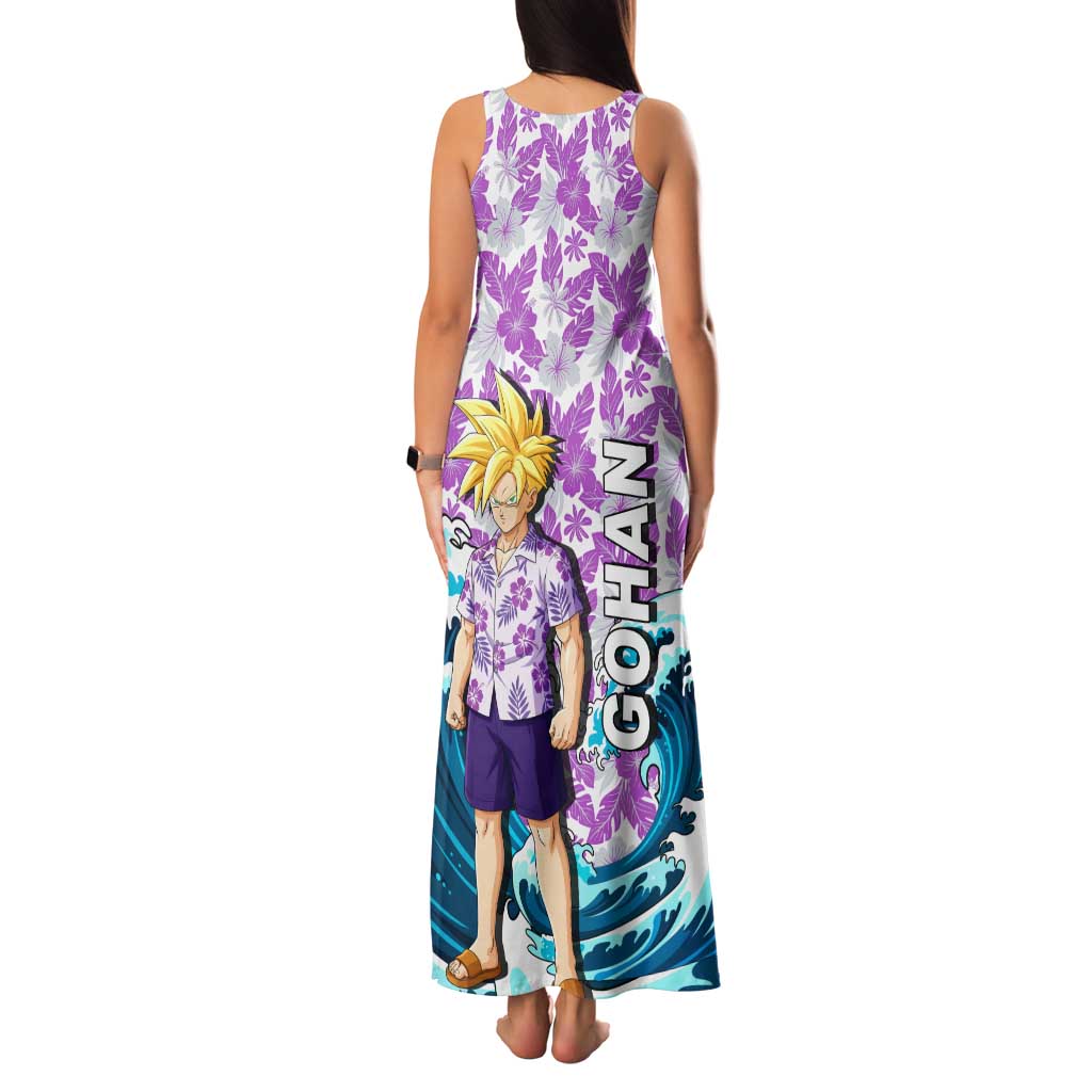 Gohan Dragon Ball Summer Theme Family Matching Tank Maxi Dress and Hawaiian Shirt with Tropical Floral Shirt Shenron and Ocean Wave Background