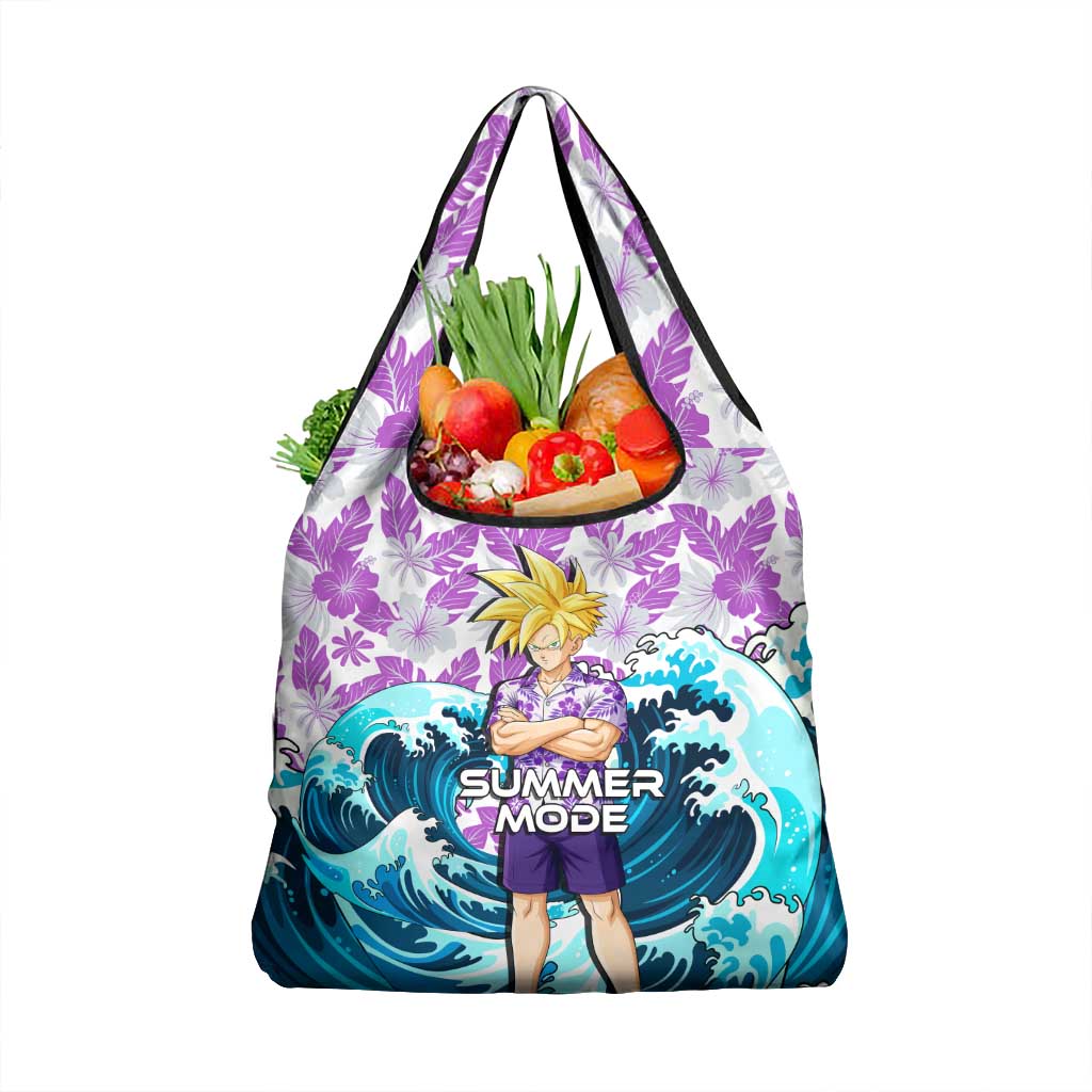 Gohan Dragon Ball Summer Theme Grocery Bag with Tropical Floral Shirt Shenron and Ocean Wave Background - The Mazicc