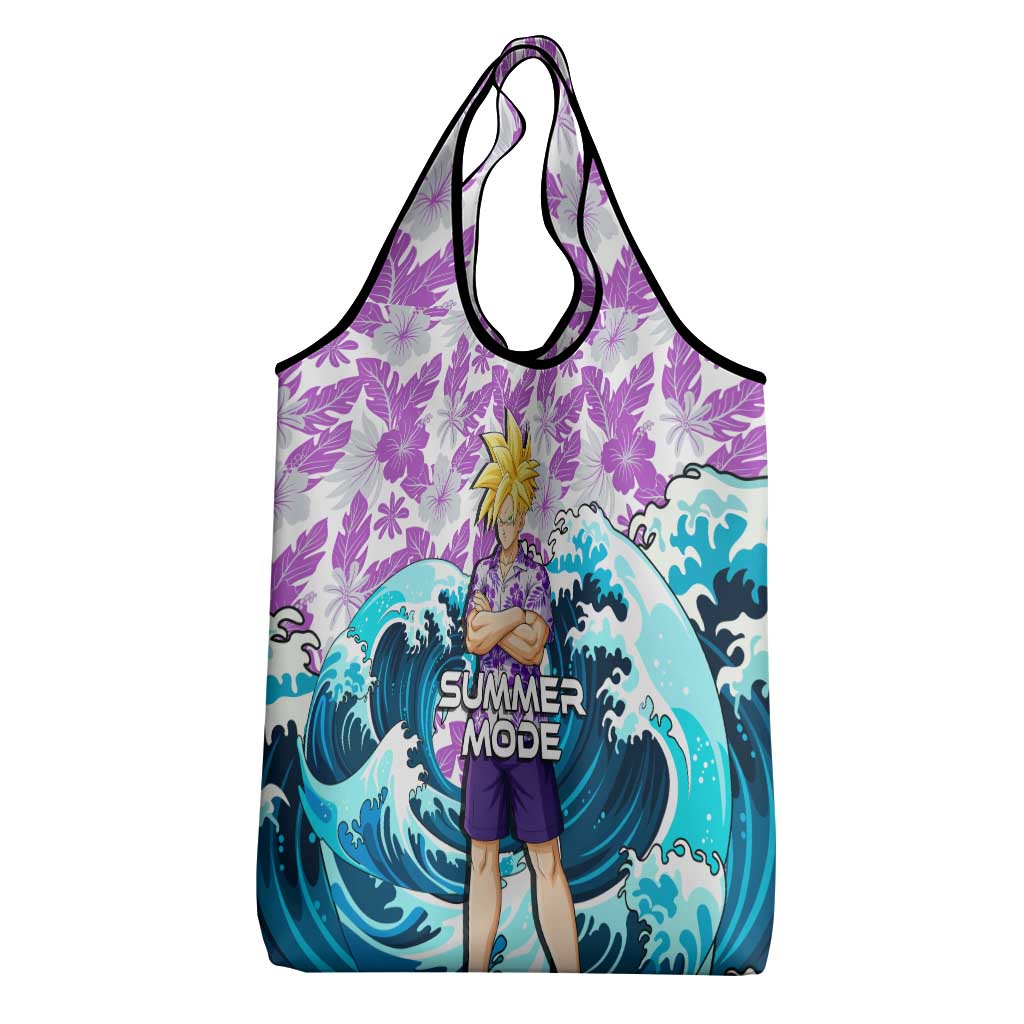 Gohan Dragon Ball Summer Theme Grocery Bag with Tropical Floral Shirt Shenron and Ocean Wave Background - The Mazicc
