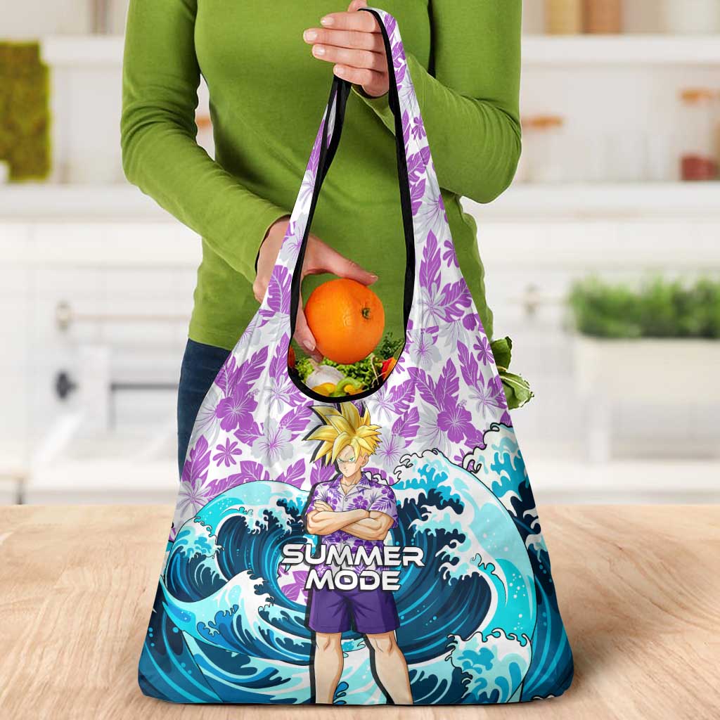 Gohan Dragon Ball Summer Theme Grocery Bag with Tropical Floral Shirt Shenron and Ocean Wave Background - The Mazicc