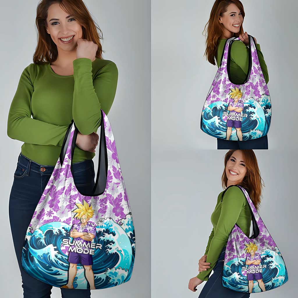 Gohan Dragon Ball Summer Theme Grocery Bag with Tropical Floral Shirt Shenron and Ocean Wave Background - The Mazicc