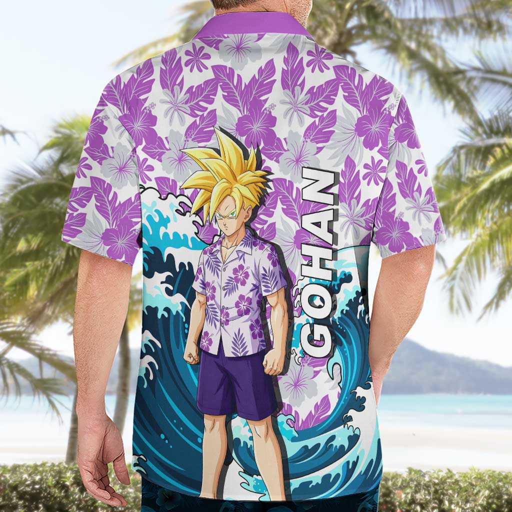 Gohan Dragon Ball Summer Theme Hawaiian Shirt with Tropical Floral Shirt Shenron and Ocean Wave Background - The Mazicc