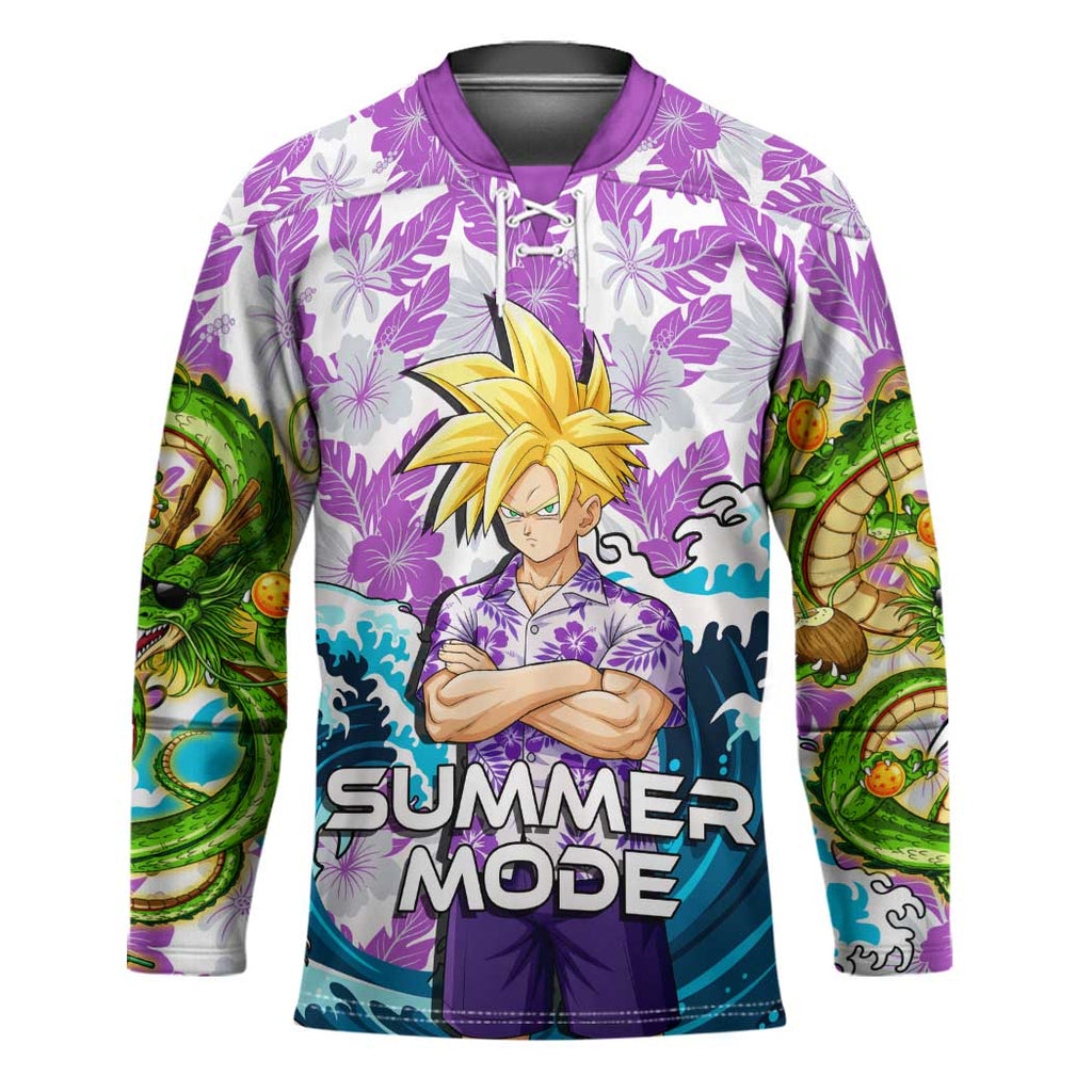 Gohan Dragon Ball Summer Theme Hockey Jersey with Tropical Floral Shirt Shenron and Ocean Wave Background - The Mazicc