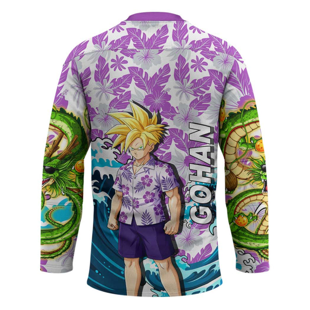 Gohan Dragon Ball Summer Theme Hockey Jersey with Tropical Floral Shirt Shenron and Ocean Wave Background - The Mazicc