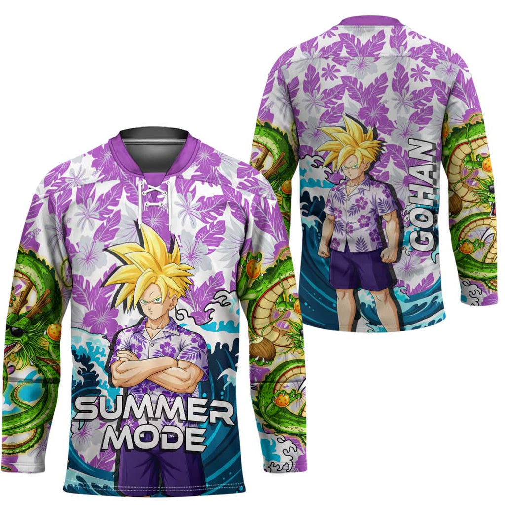 Gohan Dragon Ball Summer Theme Hockey Jersey with Tropical Floral Shirt Shenron and Ocean Wave Background - The Mazicc
