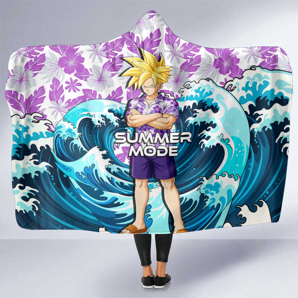Gohan Dragon Ball Summer Theme Hooded Blanket with Tropical Floral Shirt Shenron and Ocean Wave Background - The Mazicc