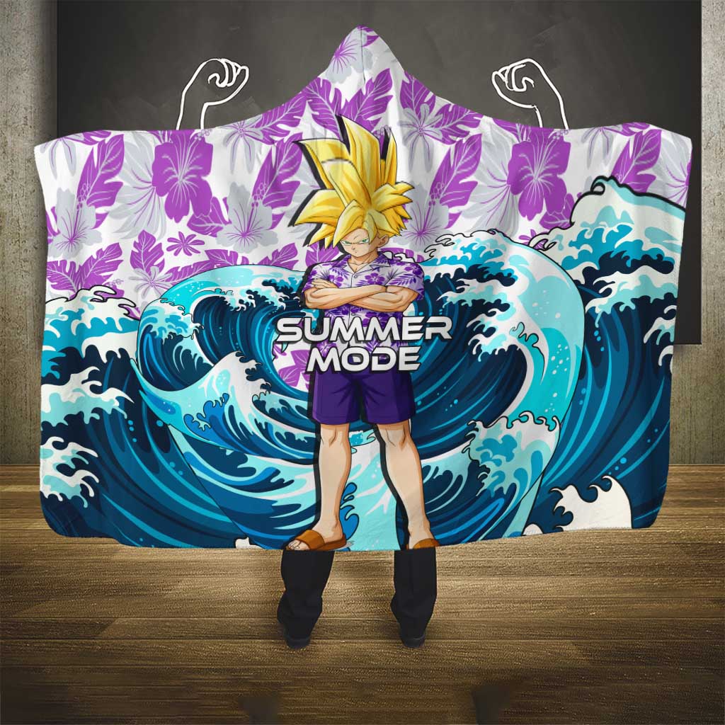 Gohan Dragon Ball Summer Theme Hooded Blanket with Tropical Floral Shirt Shenron and Ocean Wave Background - The Mazicc