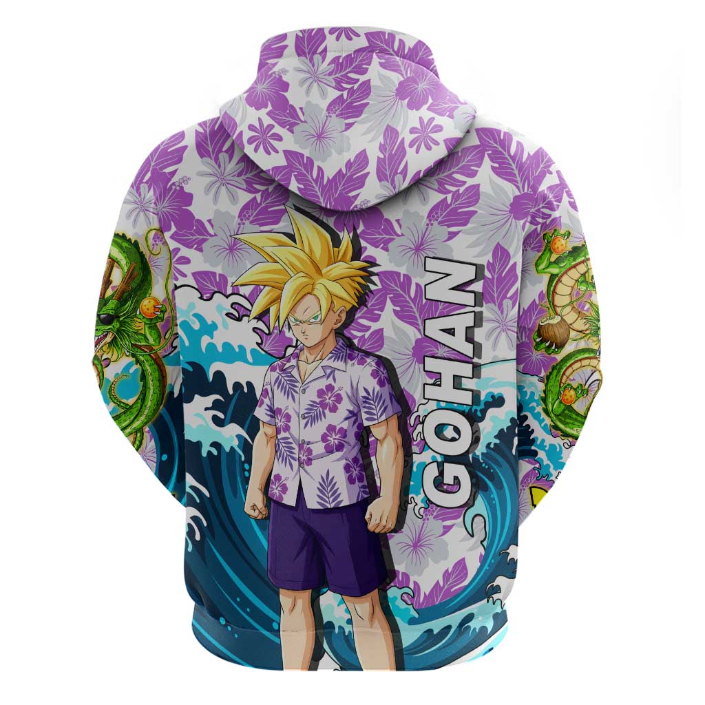Gohan Dragon Ball Summer Theme Hoodie with Tropical Floral Shirt Shenron and Ocean Wave Background - The Mazicc