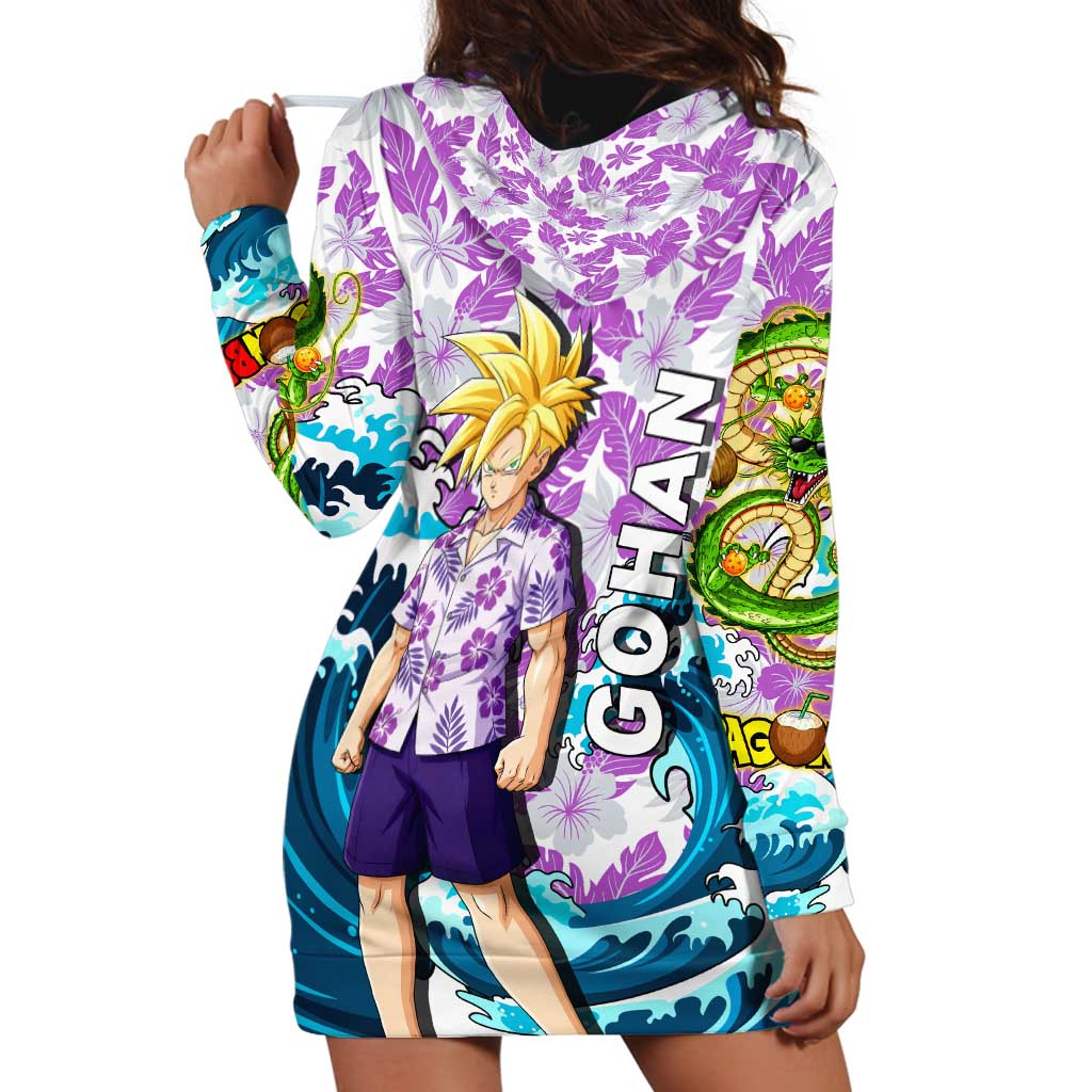 Gohan Dragon Ball Summer Theme Hoodie Dress with Tropical Floral Shirt Shenron and Ocean Wave Background - The Mazicc