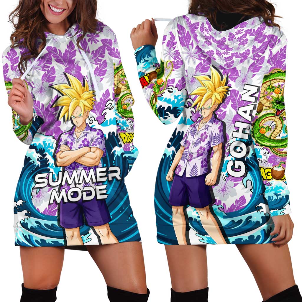 Gohan Dragon Ball Summer Theme Hoodie Dress with Tropical Floral Shirt Shenron and Ocean Wave Background - The Mazicc
