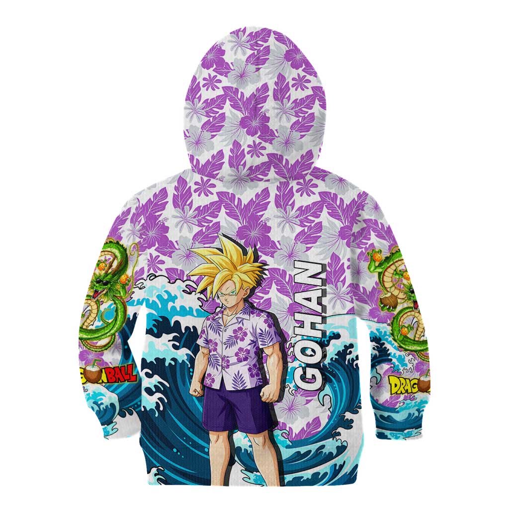 Gohan Dragon Ball Summer Theme Kid Hoodie with Tropical Floral Shirt Shenron and Ocean Wave Background - The Mazicc