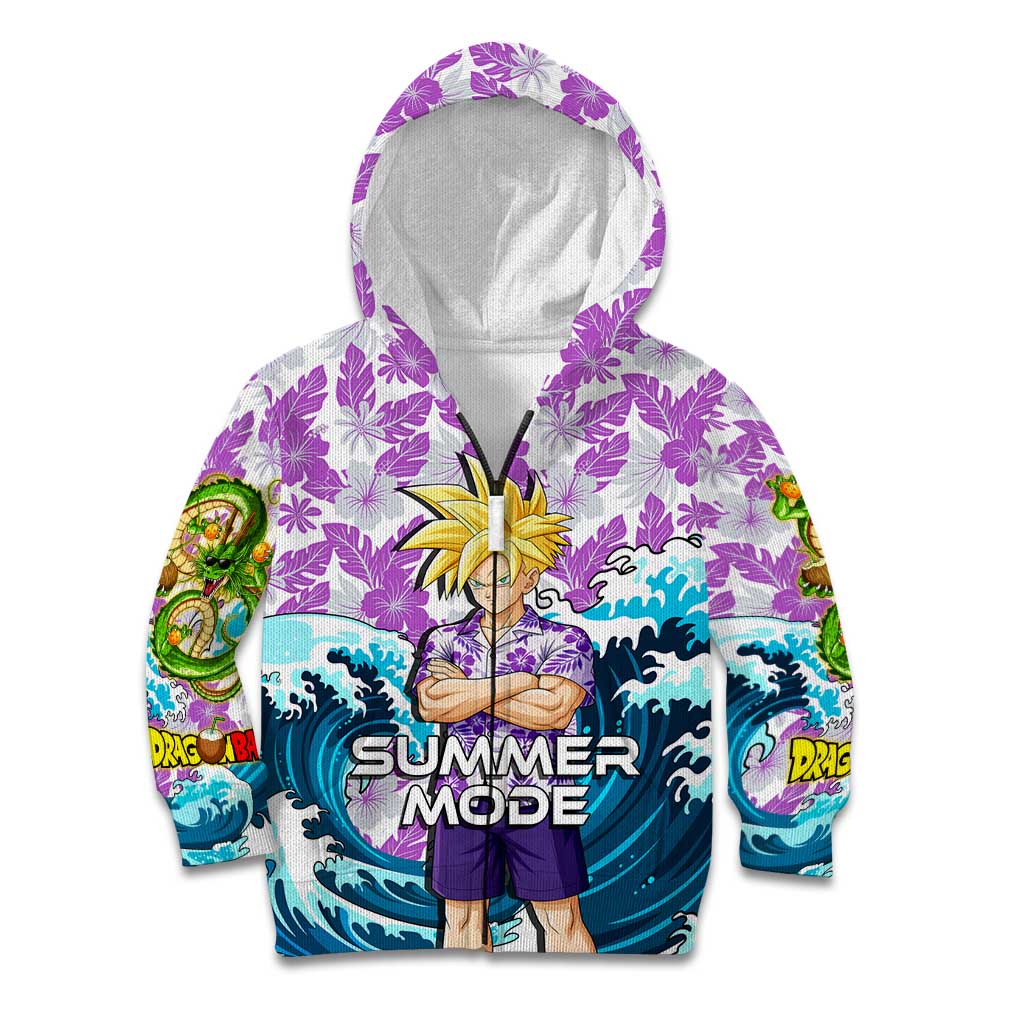 Gohan Dragon Ball Summer Theme Kid Hoodie with Tropical Floral Shirt Shenron and Ocean Wave Background - The Mazicc