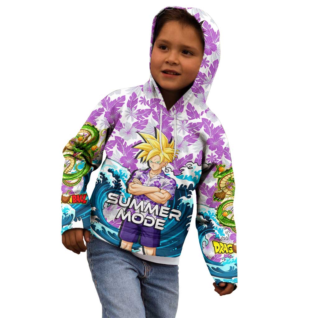 Gohan Dragon Ball Summer Theme Kid Hoodie with Tropical Floral Shirt Shenron and Ocean Wave Background - The Mazicc