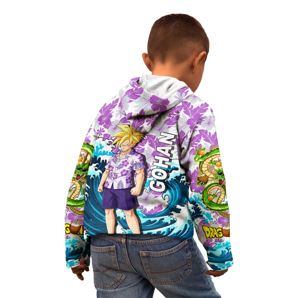 Gohan Dragon Ball Summer Theme Kid Hoodie with Tropical Floral Shirt Shenron and Ocean Wave Background - The Mazicc